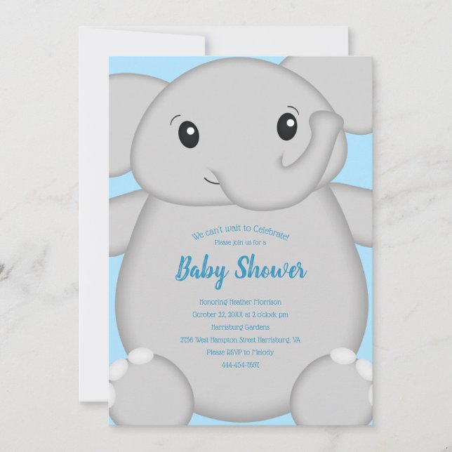 Invitación Baby Shower para elefantes azules (Anverso)