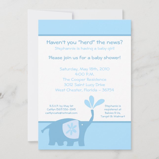 Invitación Baby Shower para elefantes azules de 5  (Anverso)