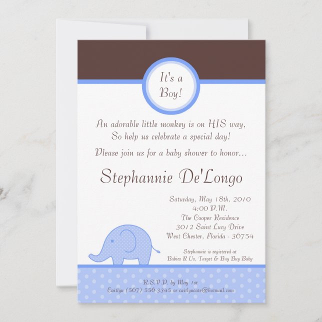 Invitación Baby Shower para elefantes de macho azu (Anverso)