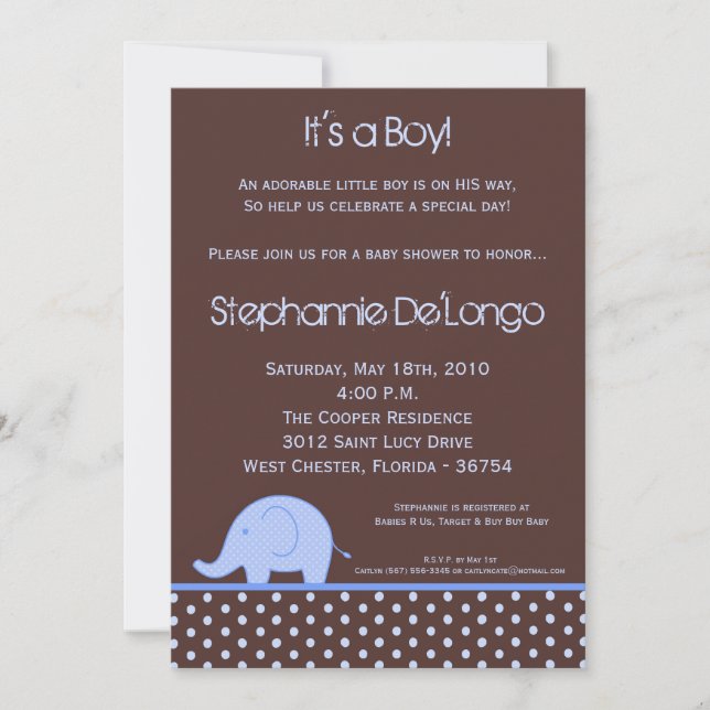 Invitación Baby Shower para elefantes de macho azu (Anverso)