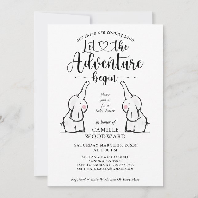 Invitación Baby Shower para elefantes gemelos (Anverso)