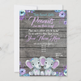 Invitación Baby Shower para elefantes gemelos rúst