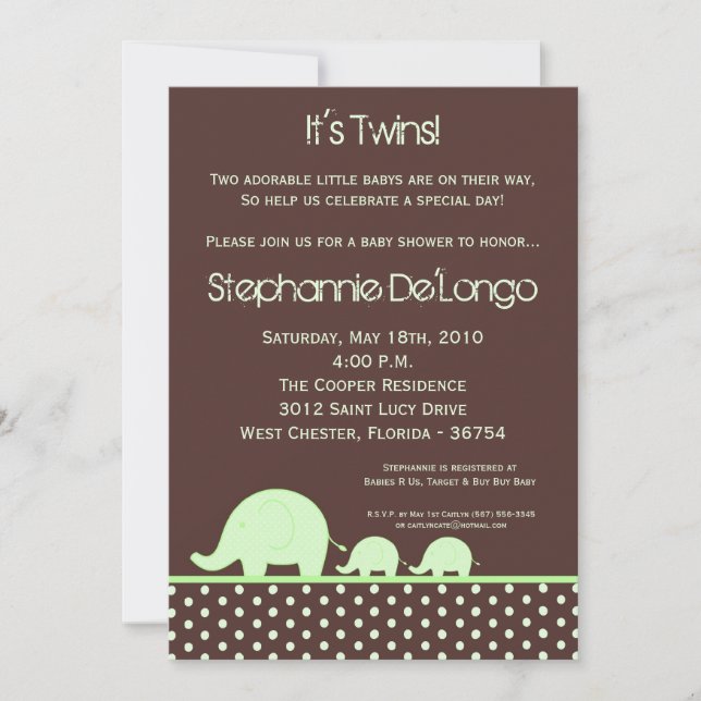 Invitación Baby Shower para elefantes gemelos verd (Anverso)
