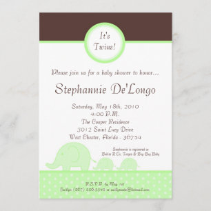 Invitación Baby Shower para elefantes gemelos verd