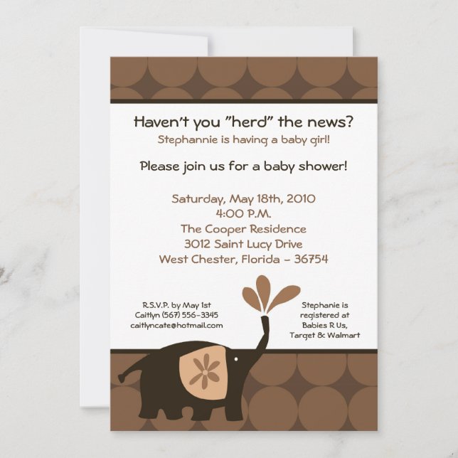 Invitación Baby Shower para elefantes marrones 5 x (Anverso)