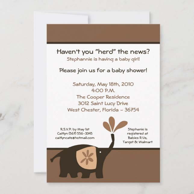 Invitación Baby Shower para elefantes marrones 5 x (Anverso)