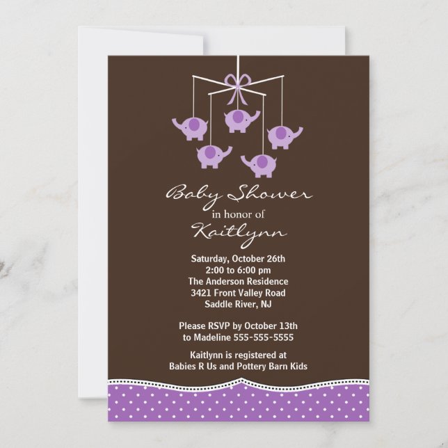 Invitación Baby Shower para Elefantes Púrpura (Anverso)