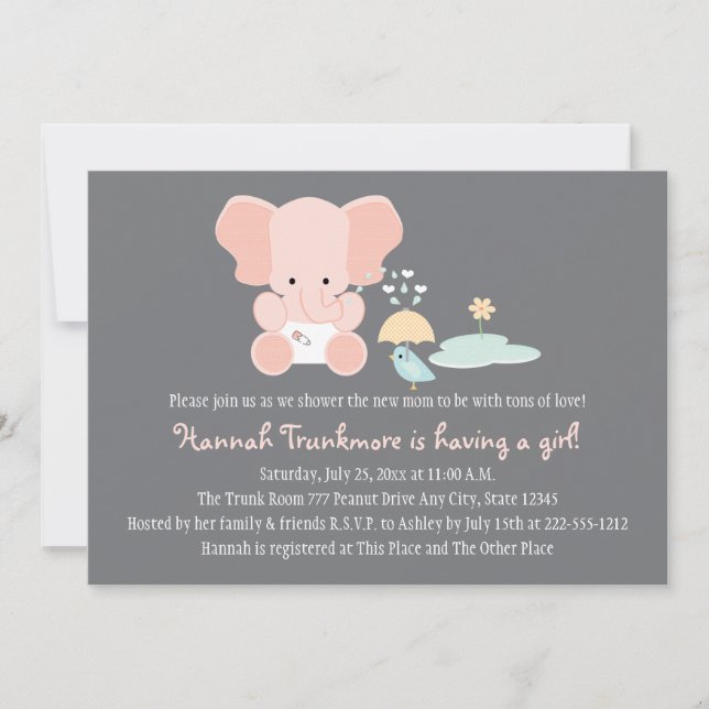 Invitación Baby Shower para elefantes rosados (Anverso)