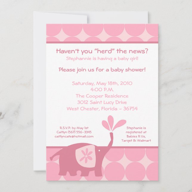 Invitación Baby Shower para elefantes rosados 5 ve (Anverso)