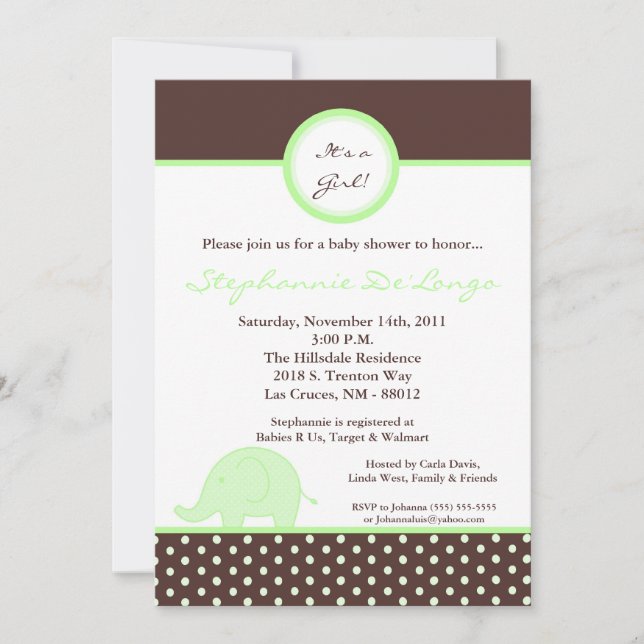 Invitación Baby Shower para Elefantes Verdes de Mo (Anverso)