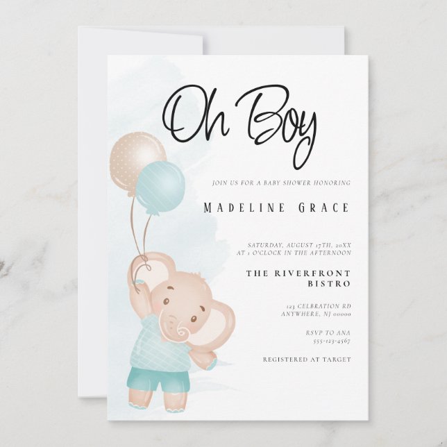 Invitación Baby Shower para Elephant Baby Boy (Anverso)