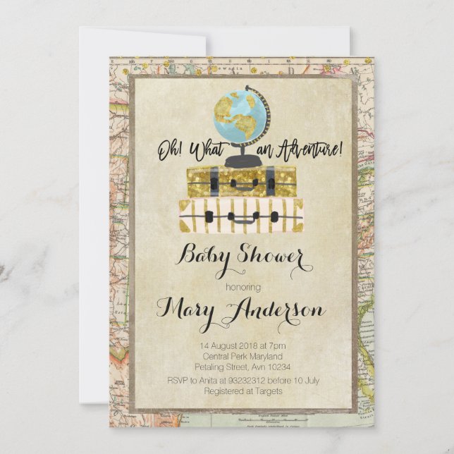 Invitación Baby Shower para equipaje de época para (Anverso)