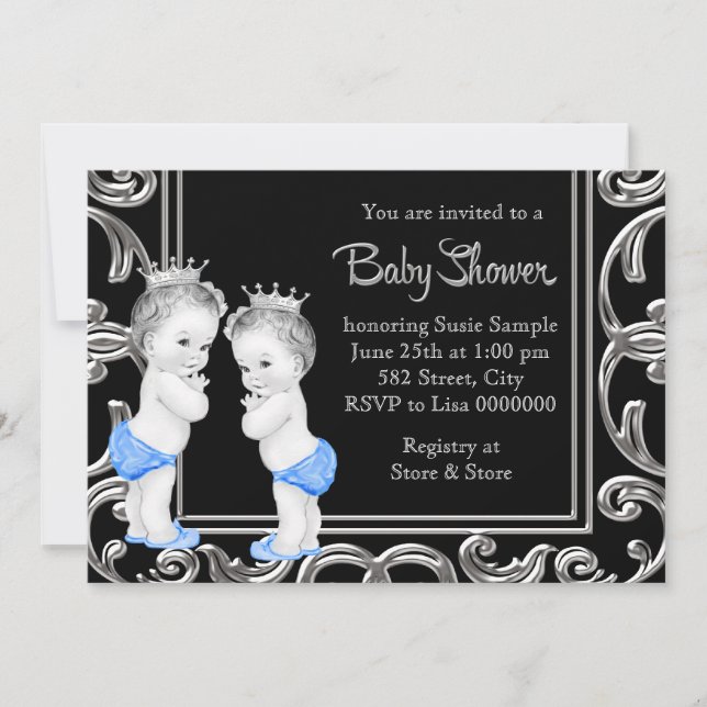 Invitación Baby Shower para gemelos negros, azules y plateado (Anverso)