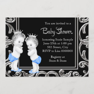 Invitación Baby Shower para gemelos negros, azules y plateado