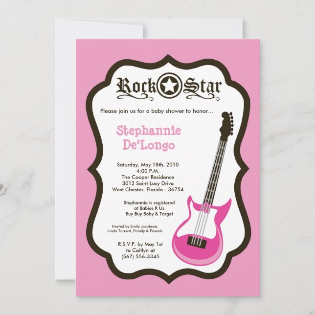 Invitación Baby Shower para guitarra rock rosada 5 (Anverso)