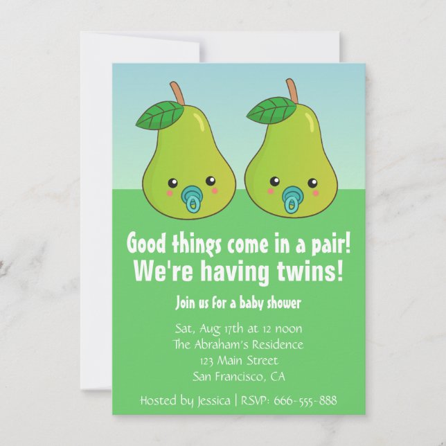 Invitación Baby Shower para los gemelos - peras lindas con (Anverso)