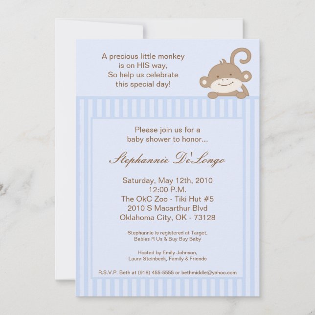 Invitación Baby Shower para mono con franja azul 5 (Anverso)