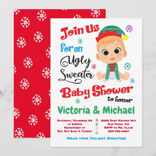 Invitación Baby Shower para suéter feo (Anverso / Reverso)