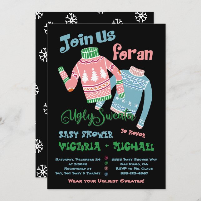 Invitación Baby Shower para suéter feo (Anverso / Reverso)