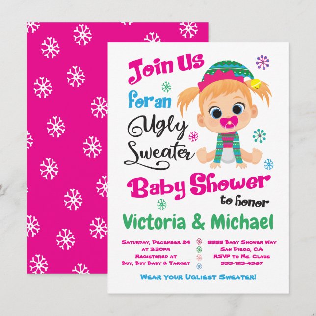 Invitación Baby Shower para suéter feo (Anverso / Reverso)