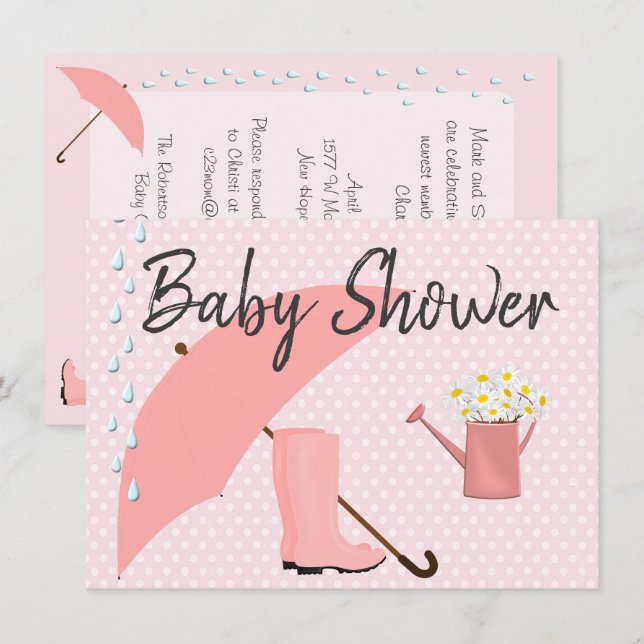Invitación Baby Shower: Paraguas rosados y boots contra la ll (Anverso / Reverso)