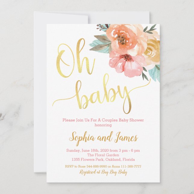 Invitación Baby Shower Parejas, Baby Shower Floral (Anverso)