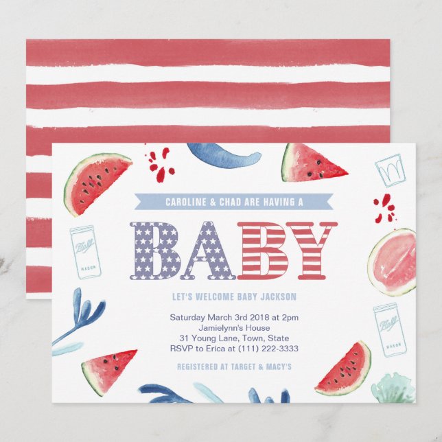 Invitación Baby Shower Parejas de Cocina Azul Blanco Rojo (Anverso / Reverso)