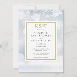 Invitación Baby Shower Parejas de Monograma Dorado de Nieve e