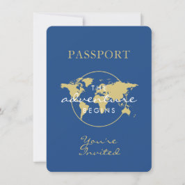 Invitación Baby Shower Passport Travel Them Blue Gold