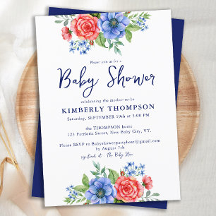 Invitación Baby Shower Patriótico Floral Rojo Azul Blanco