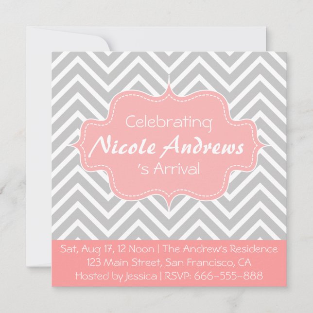 Invitación Baby Shower: Patrón Chevron gris y blanco (Anverso)