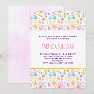 Invitación Baby Shower Patrón de Acuarela de Corazones y Amor