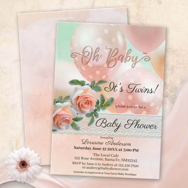 Invitación Baby Shower Peach Balloons Lace Twins (Subido por el creador)