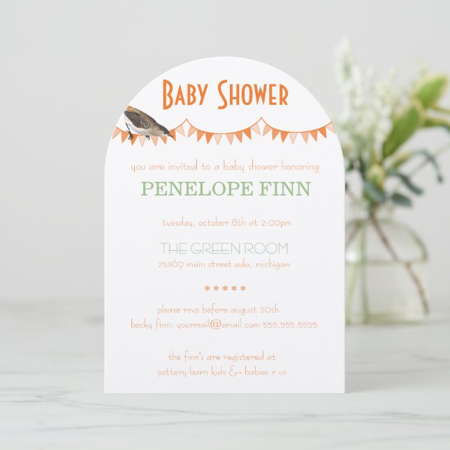 Invitación Baby Shower Peach Green Bunting Bird (Anverso de pie)