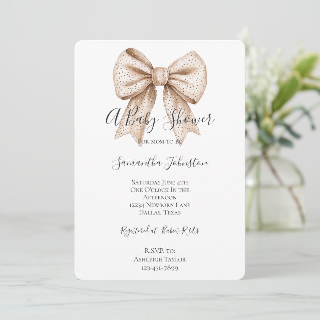 Invitación Baby Shower Peach White Bow (Anverso de pie)