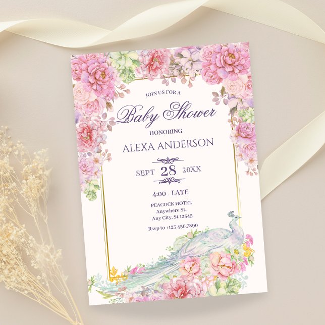 Invitación Baby Shower Peacock de Flores Rosa (Subido por el creador)