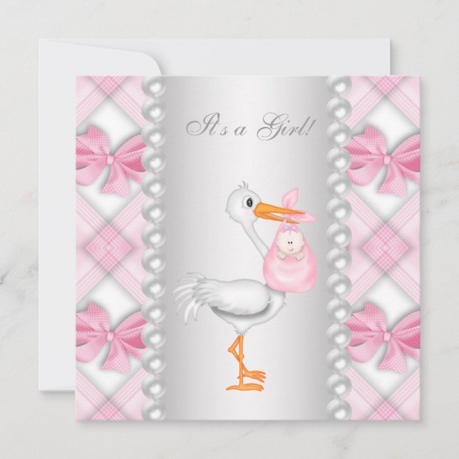 Invitación Baby Shower Pearls Pink Stork (Anverso)