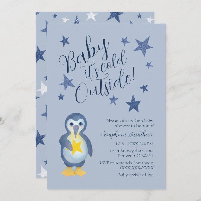 Invitación Baby Shower penguin de invierno de Blue Stars (Anverso / Reverso)