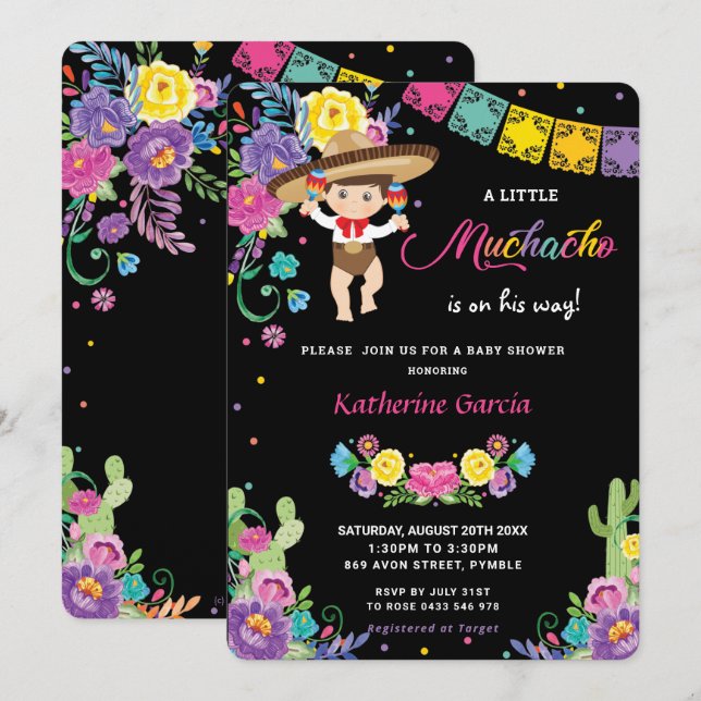 Invitación Baby Shower: Pequeño Muchacho Floral Mexicano  (Anverso / Reverso)