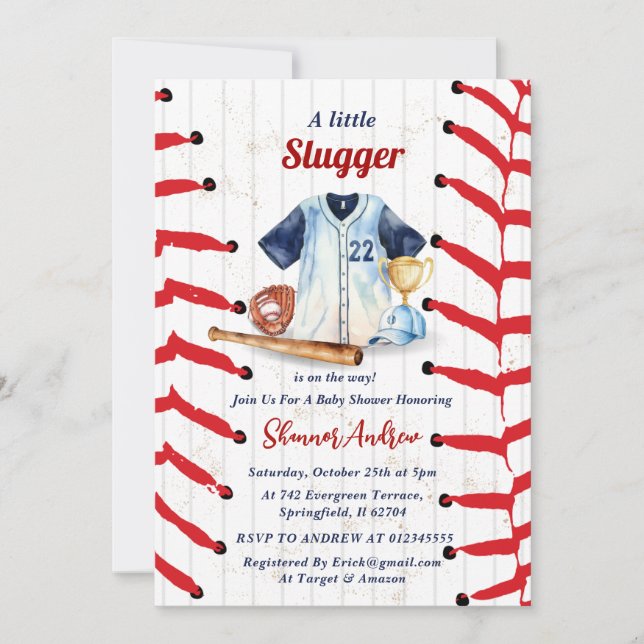 Invitación Baby Shower personal de béisbol para pequeños esqu (Anverso)