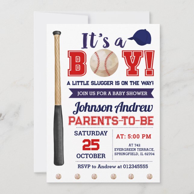 Invitación Baby Shower personal de béisbol para pequeños esqu (Anverso)