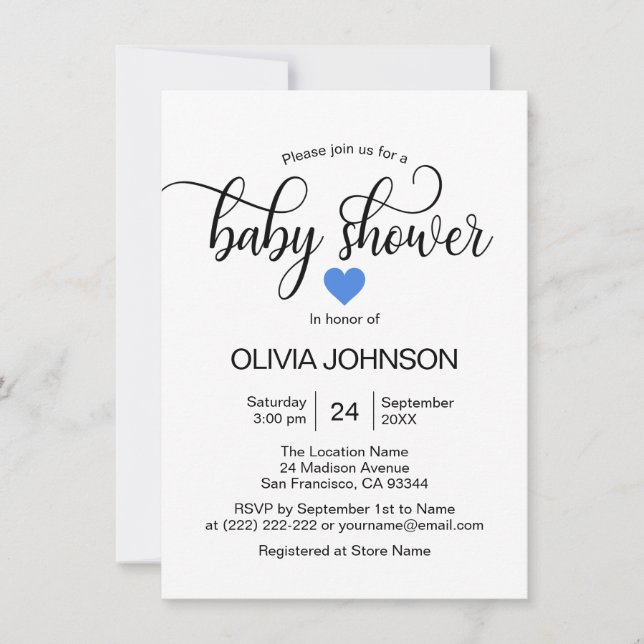 Invitación Baby Shower Personalizado Blue Heart White Boy (Anverso)