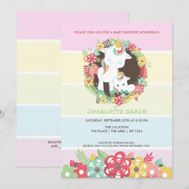 Invitación Baby Shower personalizado de Cute Unicorn (Anverso / Reverso)