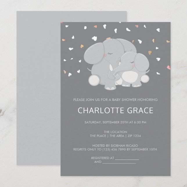 Invitación Baby Shower personalizado de elefante lindo (Anverso / Reverso)