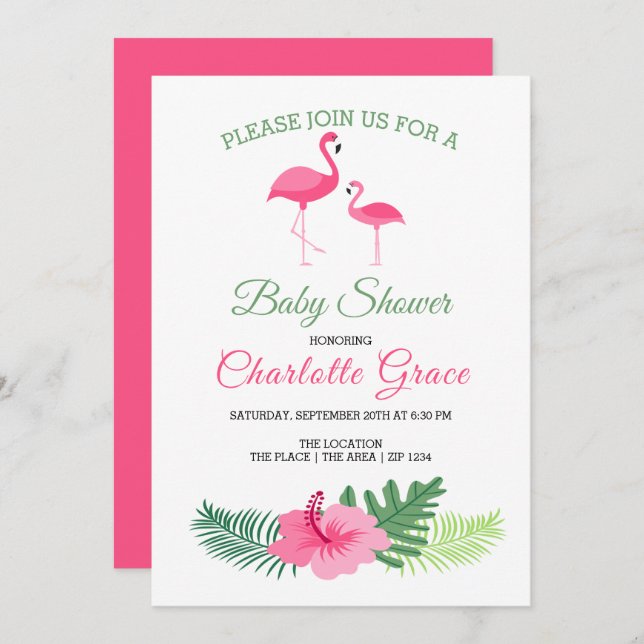 Invitación Baby Shower personalizado de flamengo rosado (Anverso / Reverso)