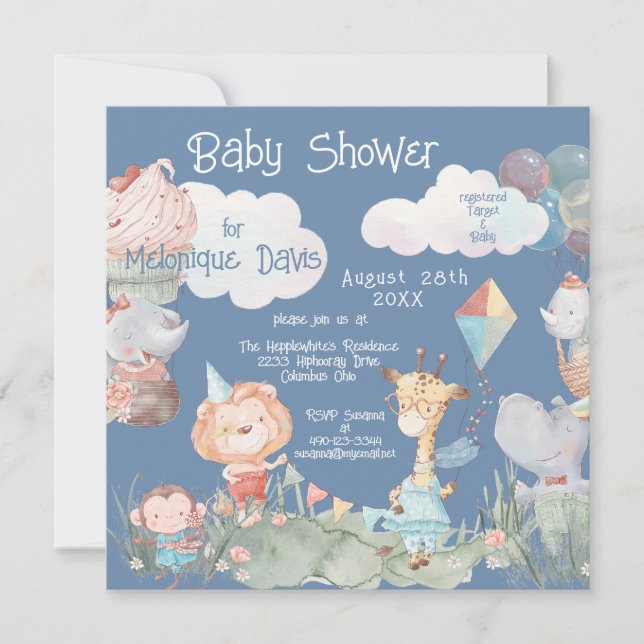 Invitación Baby Shower personalizado de los animales de Safar (Anverso)