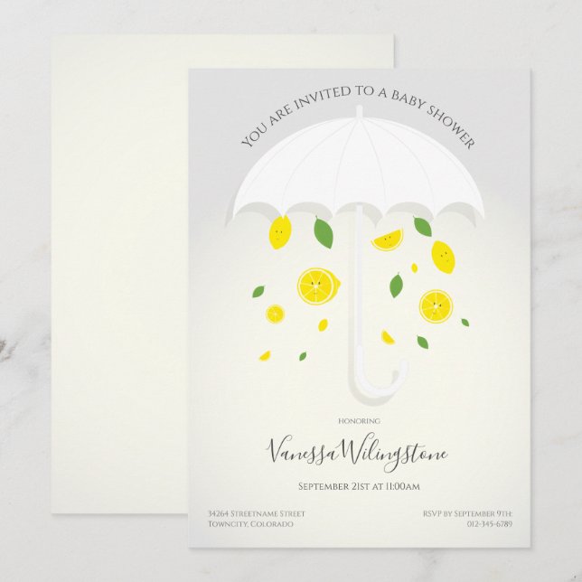 Invitación Baby Shower Personalizado de los Lemones Gris Blan (Anverso / Reverso)