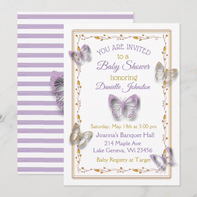 Invitación Baby Shower personalizado de mariposa para niñas (Anverso / Reverso)