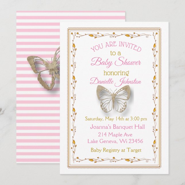 Invitación Baby Shower personalizado de mariposa para niñas (Anverso / Reverso)
