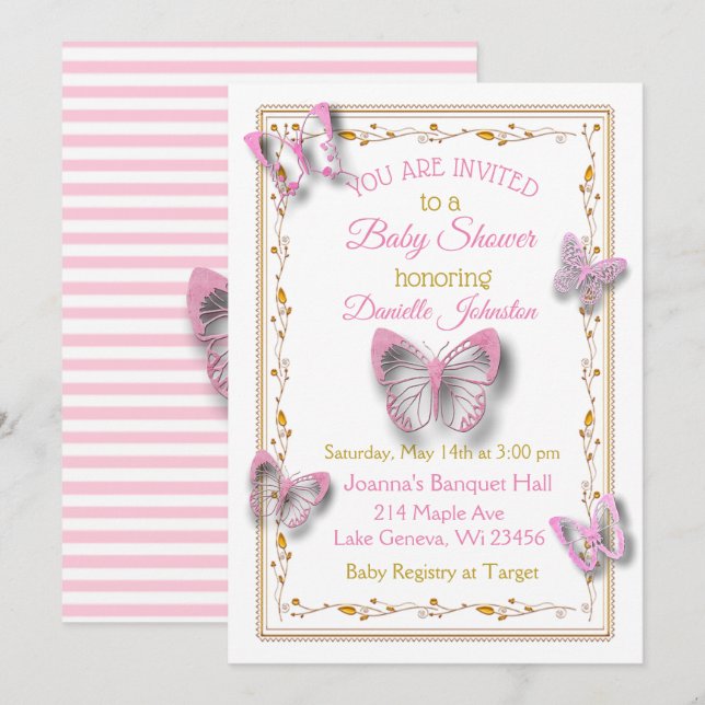 Invitación Baby Shower personalizado de mariposa para niñas (Anverso / Reverso)